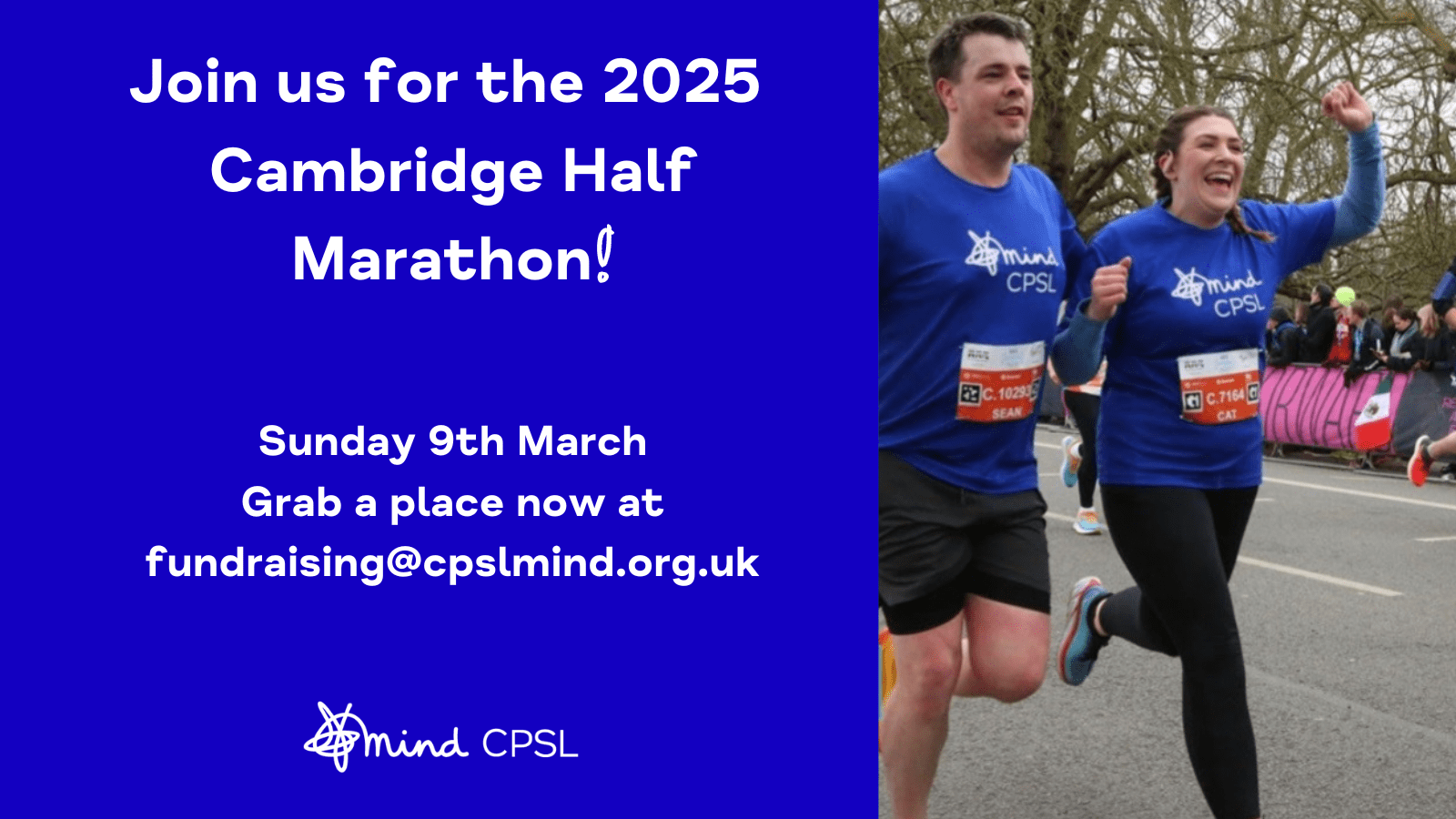 Cambridge Half Marathon 2025 poster with an image of two people running wearing CPSL Mind t-shirts