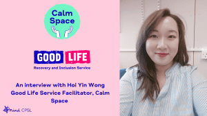 Lady smiling wearing a pale blue shirt and words about CPSL Mind Calm Space