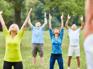 A group of senior citizens stretching in a park